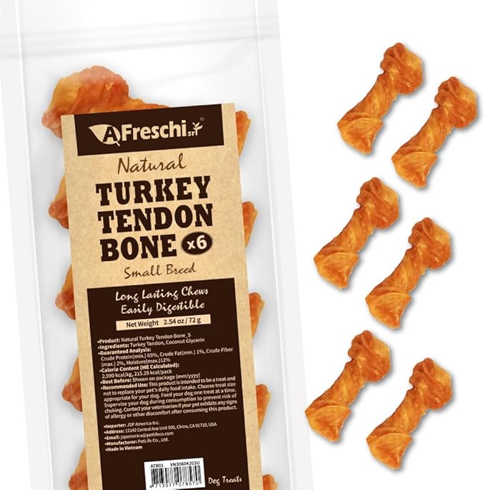 Afreschi Turkey Tendon Bone (S) 6 Pieces per Pack, USA-Sourced Turkey Tendon, All Natural Human Grade Puppy Chew, Hypoallergenic, Rawhide Alternative, Dog Treats for Small Breeds-PurrikoPets