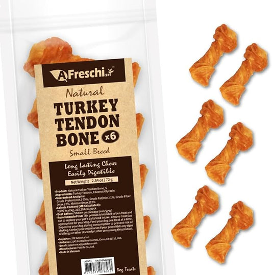 Afreschi Turkey Tendon Bone (S) 6 Pieces per Pack, USA-Sourced Turkey Tendon, All Natural Human Grade Puppy Chew, Hypoallergenic, Rawhide Alternative, Dog Treats for Small Breeds-PurrikoPets