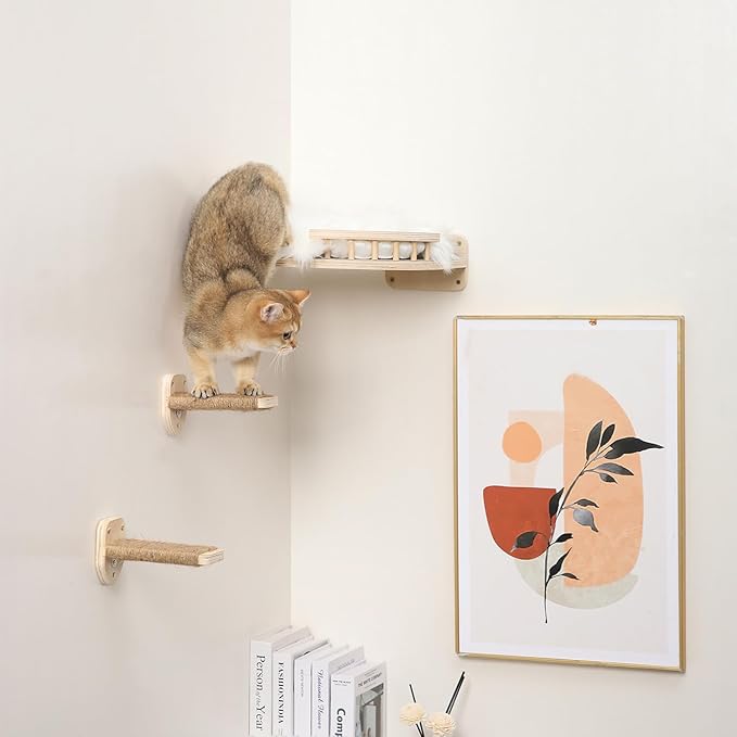 3 Pcs Cat Wall Steps, Cat Shelves and Perches for Wall, Wall-Mounted Cat Climbing Shelf with Hemp Rope Covered, Cat Wall Furniture Steps Set with Scratching Pads for Cats Playing and Climbing (Wood)-PurrikoPets