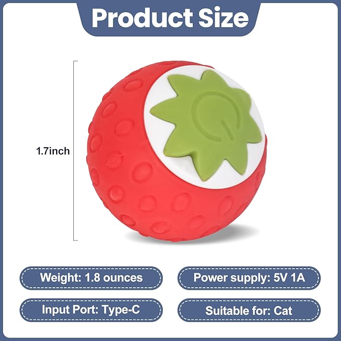 2Pcs Self-Moving Electric Cat Toy Ball with LED - Automatic Interactive Cat Toys for Indoor Cats, Smart Strawberry Design Stimulates Hunting Instincts, Boredom Relief & Exercise for Solo Play-PurrikoPets