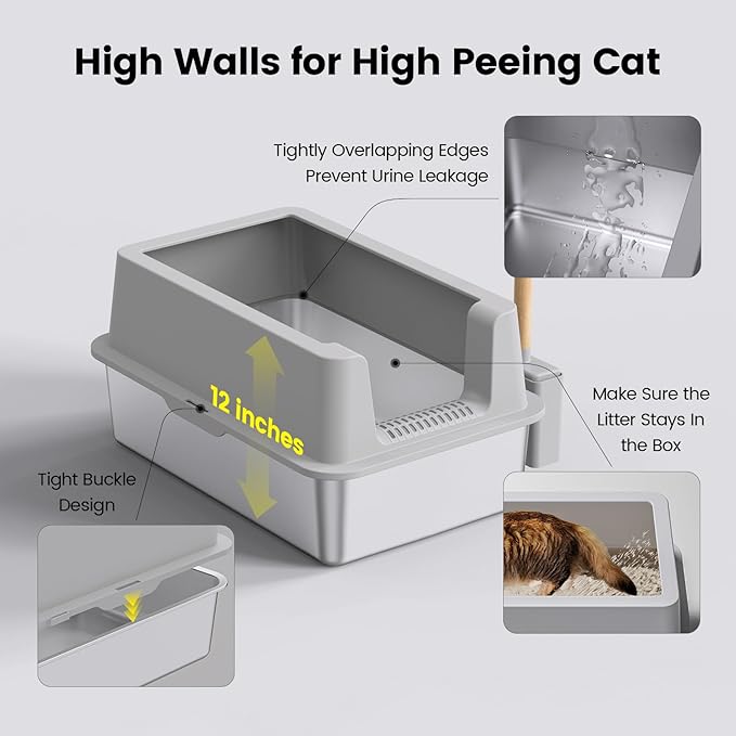 2 Pack Stainless Steel Cat Litter Box - Enclosed XL Metal Kitty Litter Box with Lid for Big Cats, High Sided, Anti-Leakage, Easy Cleaning, Non-Sticky, Included Cat Litter Spoon-PurrikoPets