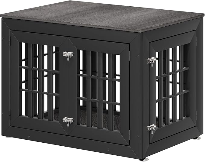 38" Heavy Duty Dog Crate Furniture for Small,Medium and Large Dogs,Rustic Wooden Dog Cage Kennel Indoor Furniture with Waterproof Top,Decorative Pet House Side End Table (Black & Grey)-PurrikoPets