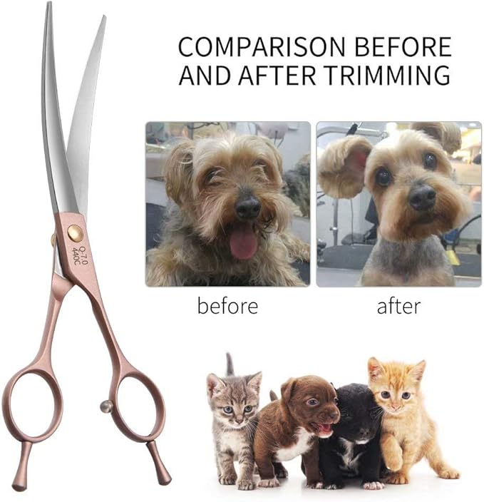 Fenice Peak Professional Curved Dog Grooming Scissors 7'' Rose Gold 440C Stainless Steel Pet Cutting Shears Safety Trimming Shearing for Dogs Cats-PurrikoPets