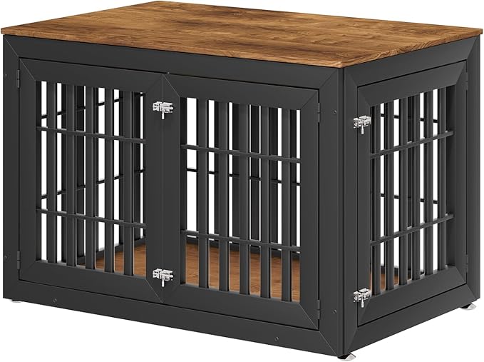 48" Heavy Duty Dog Crate Furniture for Small,Medium and Large Dogs,Rustic Wooden Dog Cage Kennel Indoor Furniture with Waterproof Top,Decorative Pet House Side End Table (Black & Wood)-PurrikoPets