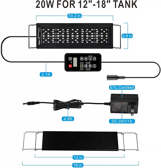 Advanced 7-Row LED Aquarium Light, Easy Setup Controller, Auto On Off Full Spectrum Fish Tank Light, 24/7 Lighting Cycle, 8 Colors, 10 Level Dimming, 20W for 12"-18" Freshwater Planted Tank-PurrikoPets