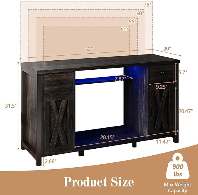 75 Gallon Fish Tank Stand with LED Light & Power Outlets, 55-75 Gallon Heavy Duty Metal Aquarium Stand with Drawers & Barn Doors, Cabinet for 2 Fish Tank Accessories Storage, Dark Oak-PurrikoPets