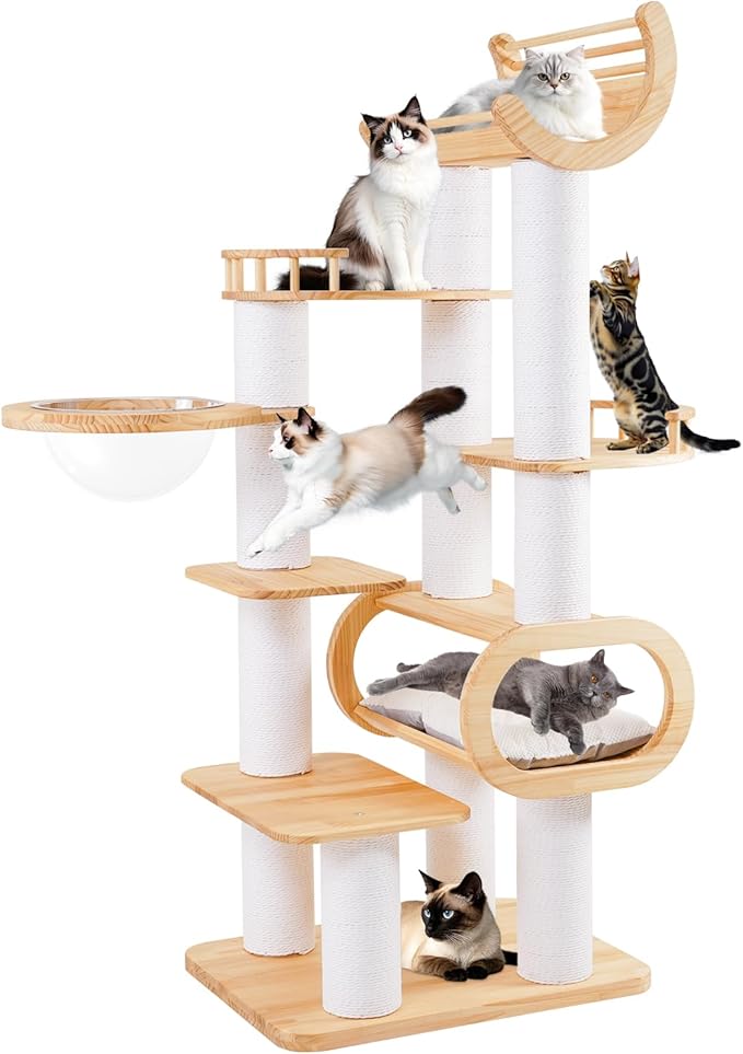 74.8" Modern Cat Tree for Indoor Cats, Tall Wood Cat Tower with Scratching Post, Heavy Duty Luxury Condo with Removable Mats, Multi-Level Cat Furniture for Cats-PurrikoPets