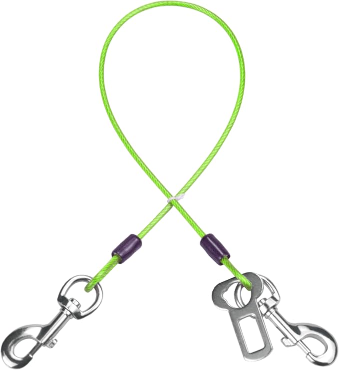 Dog Seat Belt Harness for Car,Dog Seatbelt of Coated Wire Leash Safety Restraint,No Chew Tether Cable Vehicle,Double Clips & Latch (Green, 32 inch/80 CM)-PurrikoPets