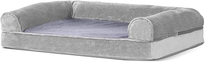 Furhaven Orthopedic Dog Bed for Medium/Small Dogs w/ Removable Bolsters & Washable Cover, For Dogs Up to 35 lbs - Faux Fur & Velvet Sofa - Smoke Gray, Medium-PurrikoPets