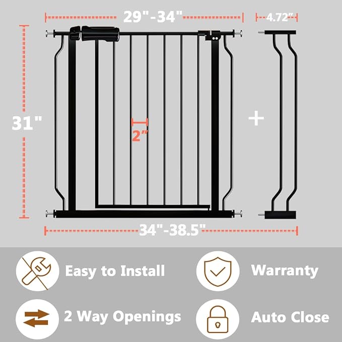 Fairy Baby Walk Through Baby Gate 34-38.5 Inch Wide, Pressure Mounted Safety Gate with Door No Drill, Tension Metal Gate for Dog and Toddler, Black-PurrikoPets