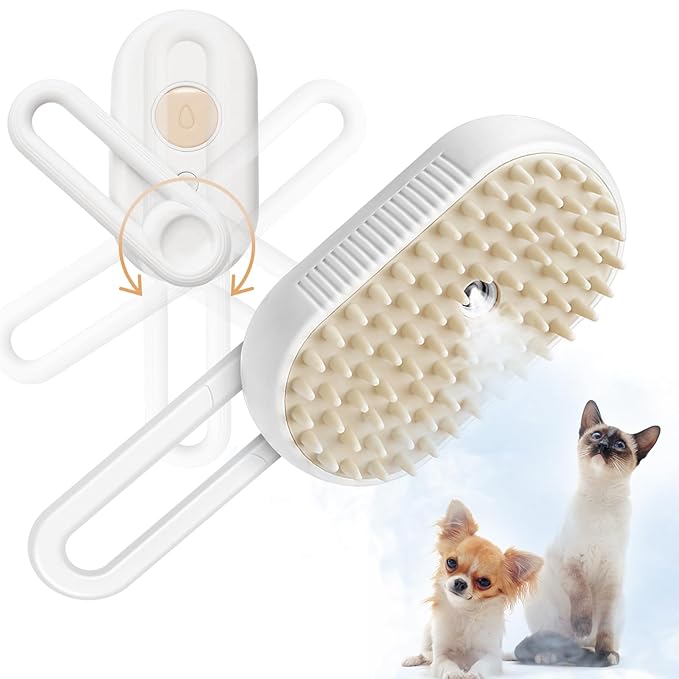 GKZ Cat Steam Brush, 3 in 1 Pet Comb for Massage, Cleaning, Shedding and Combing, Electric Mist to Prevent Flyaways for Home, Dogs and Cat Lovers - White-PurrikoPets