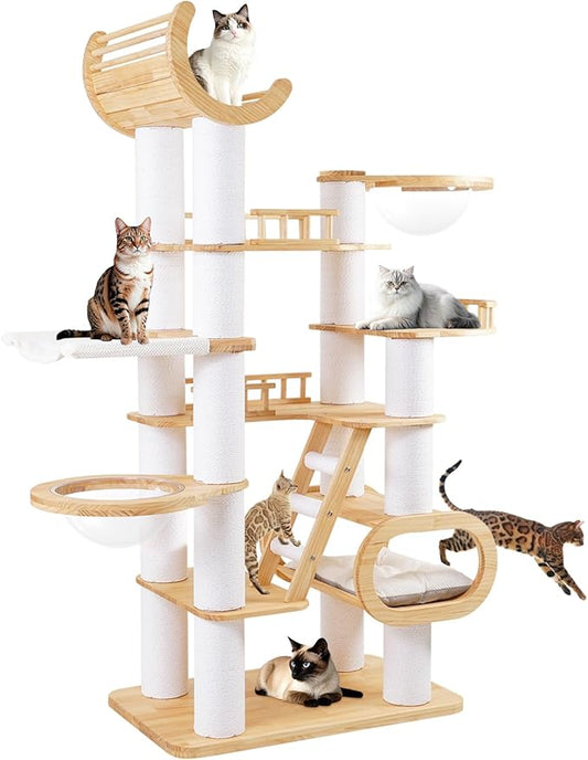 82.7'' Large Cat Tree, Modern Cat Tower with Scratching Post, Luxury Cat House, Wood Cat Tree for Indoor Cats Large Adult, Multi-Level Activity Center with Hammock, Clear Bowl, Semi-Closed Condo-PurrikoPets