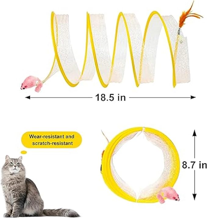 2Pcs Folded Cat Tunnel Toy for Indoor Cats,Collapsible Pet Spring Cat Toys with Feather Mouse Upgrade Interactive Toy Playing Tent for Puppy Kitten Accessories Home Self-Happy Cat Toys (Yellow)-PurrikoPets