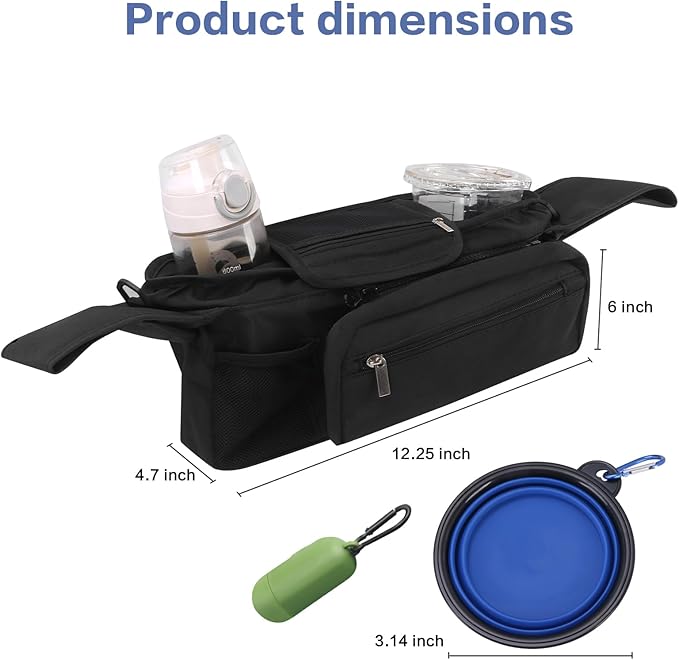 Dog Stroller Bag with Shoulder Strap, Universal Dog Stroller Caddy Organizer with Poop Bag Dispenser, Water Bowl, Insulated Cup Holders and Treat Pocket-PurrikoPets