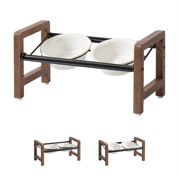 6.3inch Ceramic Adjustable Raised Double Bowls Set with Stand, 3 Heights Elevated, 2 Placement Options,Food and Water Bowls for Adult Cat Small and Medium Dog(Reactived Glaze -White)-PurrikoPets