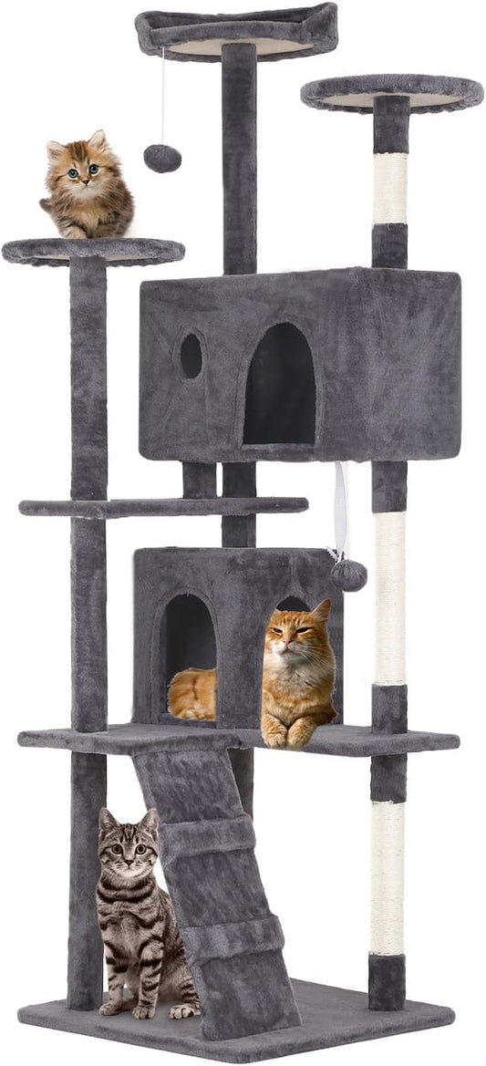 70 inches Cat Tower for Indoor Cats Multi-Level Cat Condos for XL Cat Tree Cat Climbing Tower with Scratching Posts, Hanging Toys,Light Gray-PurrikoPets