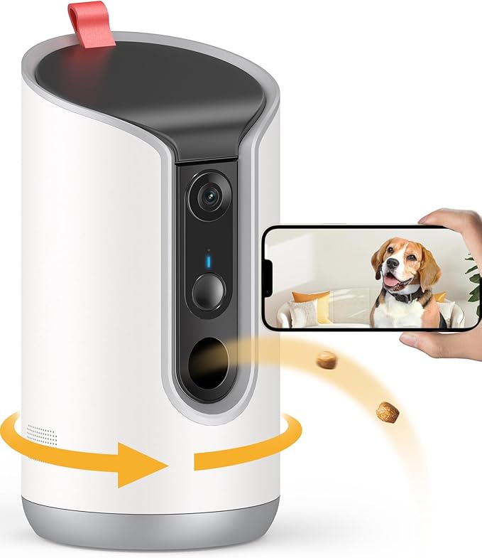 2K Pet Camera Treat Dispenser, 360°View Dog Camera with Phone App, 5G&2.4G WiFi 2-Way Talk Pet Cam Indoor for Cats Remote Treat Tossing, Motion Alerts, Auto Tracking-PurrikoPets