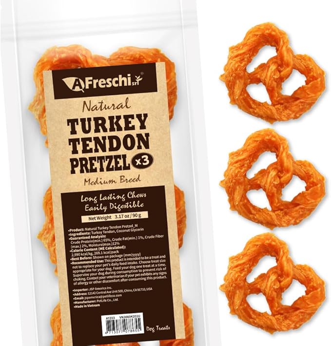 Afreschi Turkey Tendon Pretze (M) 3.17 oz, USA-Sourced Turkey Tendon, All Natural Human Grade Dog Chew, Hypoallergenic, Rawhide Alternative, Dog Treats for Medium Breeds-PurrikoPets