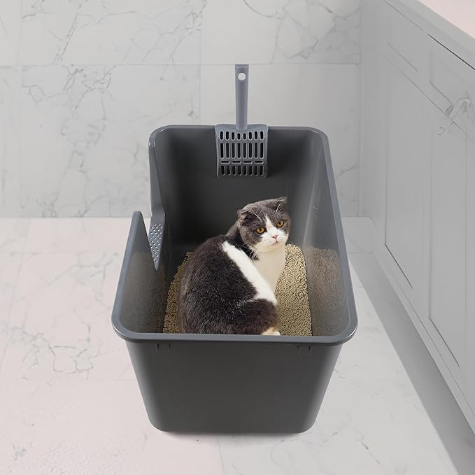 4 Packs Large Cat Litter Box with High Sides, Grey Open Top Cat Litter Basin-PurrikoPets