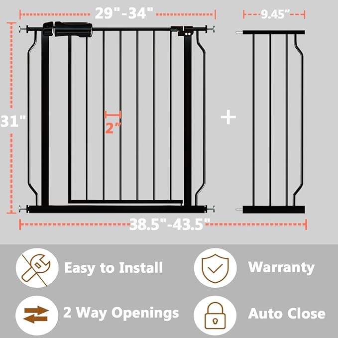 Fairy Baby Walk Through Baby Gate 38.5-43.5 Inch Wide, Pressure Mounted Safety Gate with Door No Drill, Black Tension Metal Gate for Dog and Toddler-PurrikoPets