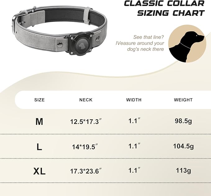 AirTag Dog Collar - Leather Dog Collar with Air Tag Holder | IPX8 Waterproof, Reflective, High - End, Adjustable Soft Padded | Dog GPS Tracker Collars Fit for Medium Large Dogs (Grey, M)-PurrikoPets