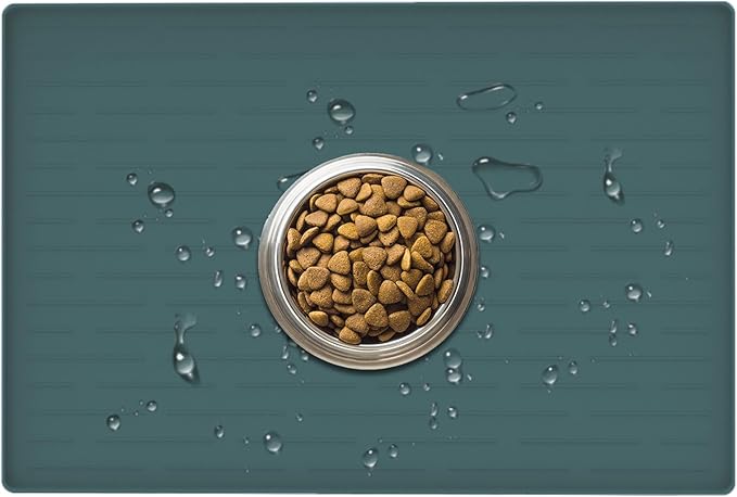 24" x 16" Dog Food Mat, Silicone Pet Mats for Food and Water, Nonslip Pet Feeding Mats for Floors, Dog Cat Bowl Mat with Raised Edges, Dark Green-PurrikoPets