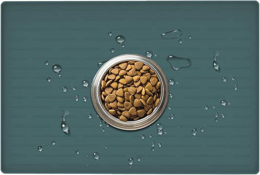 24" x 16" Dog Food Mat, Silicone Pet Mats for Food and Water, Nonslip Pet Feeding Mats for Floors, Dog Cat Bowl Mat with Raised Edges, Dark Green-PurrikoPets