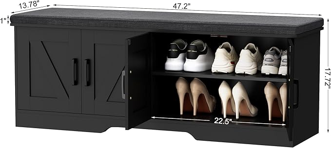 2-Tier Storage Bench, Shoe Bench with Padded Seat Cushion, Entryway Bench with 4 Barn Doors, Adjustable Shelf, 13.8" D x 47.2" W x 17.7" H, for Entryway, Living Room, Bedroom, Black-PurrikoPets