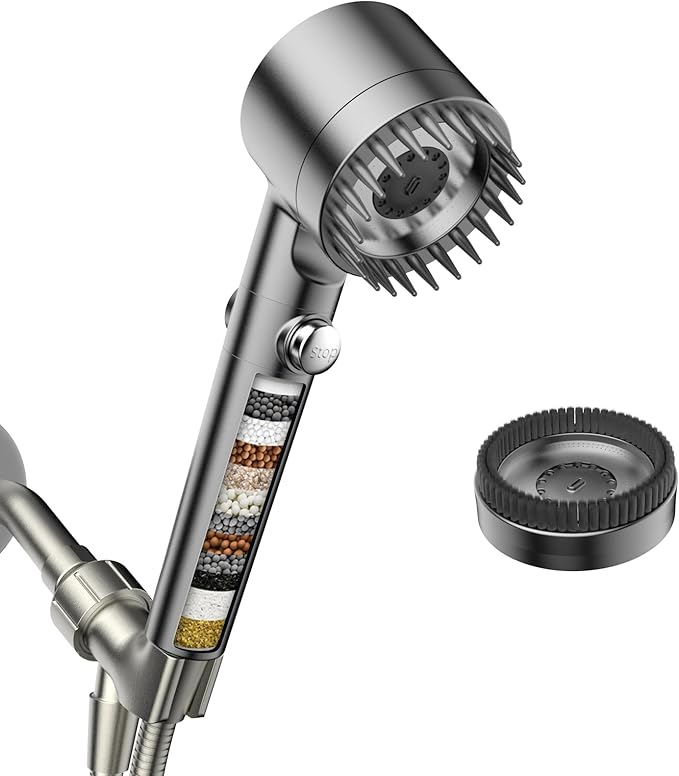 Filtered Shower Head with Handheld, High Pressure Water Flow and Multiple Spray Modes Shower Head with Filter, Power Wash for Hard Water, Showerhead with ON/OFF Switch for Pets Bath (Light Gray)-PurrikoPets