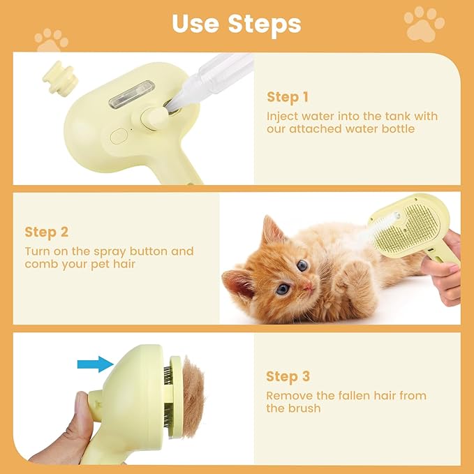 3 in 1 Cat Steam Brush, Pet Spray Hair Removal Comb for Shedding & Grooming, Water Brush for Cats Dogs Small Animals Long Short Haired with One-Click Release Button(Yellow)-PurrikoPets