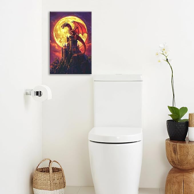 Dragon Bathroom Pictures Wall Art, Red Dragon Castle Bathroom Wall Decor, Framed Painting Canvas Artwork for Bedroom Living Room Decorations 24"L x 16"W-PurrikoPets