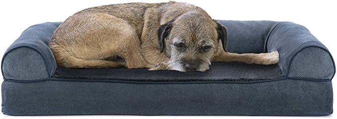Furhaven Cooling Gel Dog Bed for Medium/Small Dogs w/ Removable Bolsters & Washable Cover, For Dogs Up to 35 lbs - Sherpa & Chenille Sofa - Orion Blue, Medium-PurrikoPets