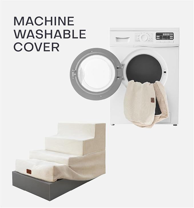 Dog Stairs for High Bed, Dog Steps for Bed Couch Sofa, 35D Foam Extra Wide Pet Steps for Small Dogs and Cats, Pet Stairs with Non-Slip Bottom Beige, 4 Steps-PurrikoPets