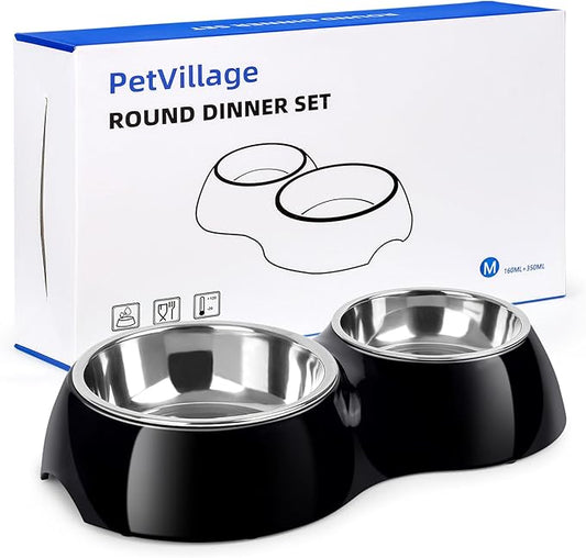 Double Dog Bowls Set – Non-Slip Pet Food & Water Dishes with Resin Stand, Includes Small (1 Cup) & Medium (2 Cups) Bowls – Ideal for Puppies, Cats, and Medium Dogs –Black-PurrikoPets