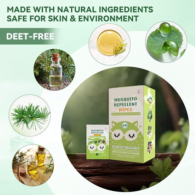60 PCS Mosquito Repellent Wipes, Individually Wrapped Insect Repellent Wipes Made of Natural Plant-Based Essential Oils, Safe & Effective Insect Protection Perfect for Outdoor Activities, Long-Lasting-PurrikoPets