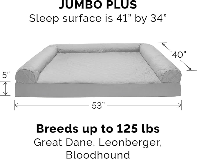 Furhaven Orthopedic Dog Bed for Large Dogs w/ Removable Bolsters & Washable Cover, For Dogs Up to 125 lbs - Quilted Sofa - Silver Gray, Jumbo Plus/XXL-PurrikoPets