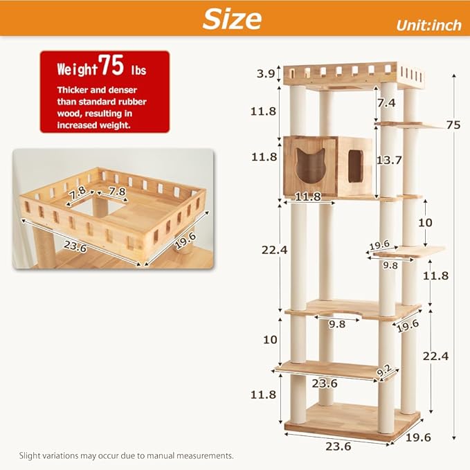 74" Wooden Cat Tree Tower for Large Cats, Multi-Level Cat Climbing Furniture with Scratching Posts, Cat Condo & Hammock, Natural Wood Cat Activity Center (White)-PurrikoPets