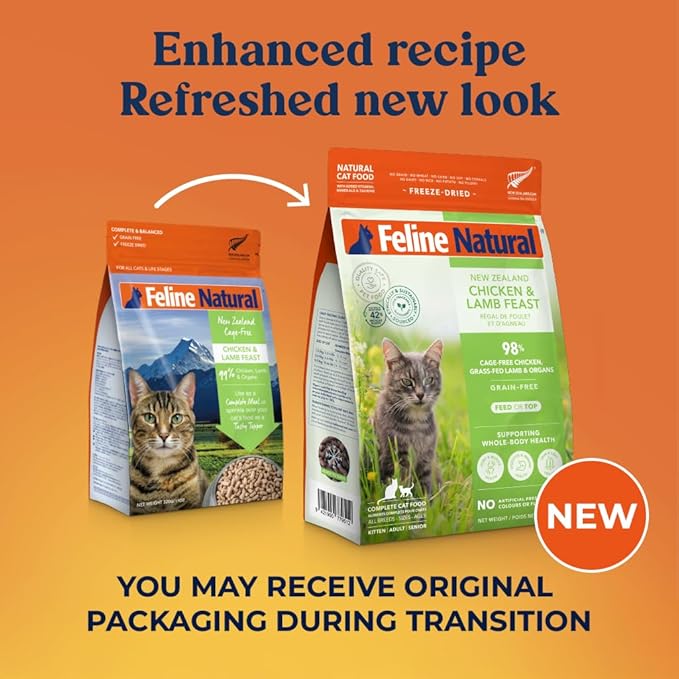 Feline Natural High Protein Dry Cat Food, Freeze-Dried Diet with 98% Meat, Organs & Seafood, No Peas, Grains, or Artificial Additives, Made in New Zealand, Chicken & Lamb, 11oz-PurrikoPets