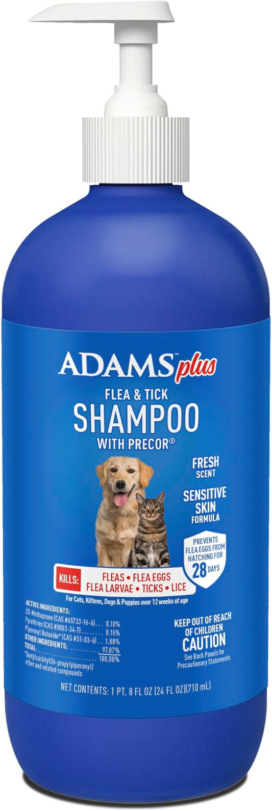 Adams Plus Flea & Tick Shampoo with Precor for Cats, Kittens, Dogs & Puppies Over 12 Weeks Of Age |Sensitive Skin Flea Treatment |Kills Adult Fleas, Flea Eggs, Ticks, and Lice |24 Oz, Pump Included-PurrikoPets