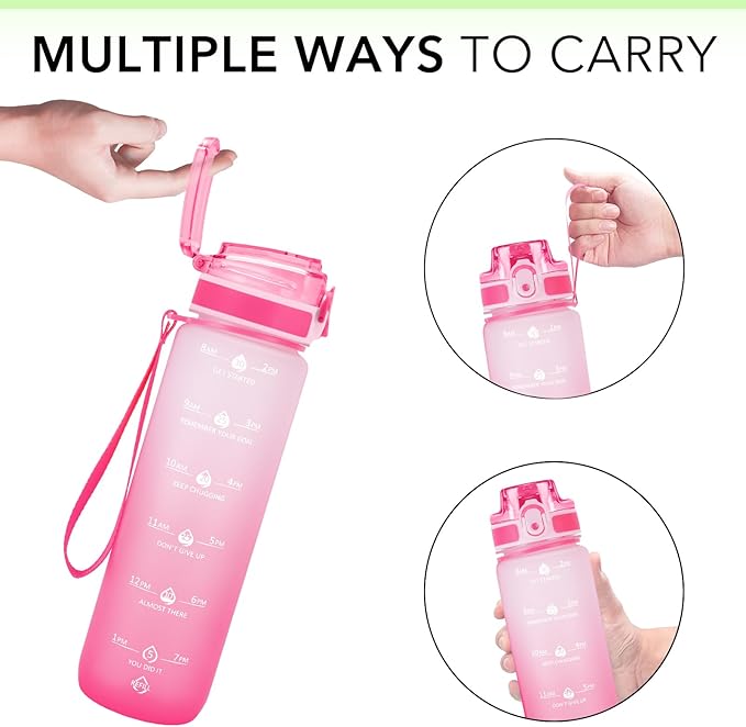 32oz Motivational Water Bottles with Time Marker & Fruit Strainer, Transparent Gradient Color Water Bottle with Times to Drink, Leakproof & BPA Free, Reusable Bottle with Strap (No Straw)-PurrikoPets