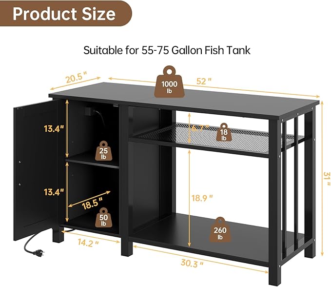 55-75 Gallon Fish Tank Stand with Power Outlet & Adjustable Shelf, Heavy Duty Aquarium Stand with Cabinet Storage for Fish Tank, Turtle Tank, Reptile Terrarium, 1000LBS Capacity, Black-PurrikoPets