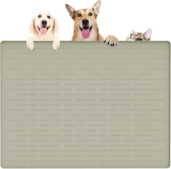 39.4"x29.5" Largest Pet Food Mat, Silicone Dog Mats for Food and Water, Nonslip Pet Feeding Mats for Floors,Dog Cat Bowl Mat with Raised Edges, Gray Green-PurrikoPets