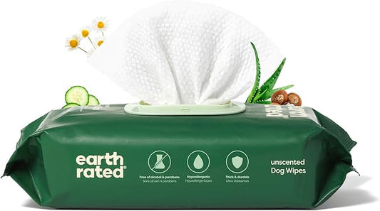 Earth Rated Pet Wipes for Dogs and Cats, Hypoallergenic, Cleaning and Hydrating, for Grooming Paws, Body and Butt, Unscented, 100 Count-PurrikoPets