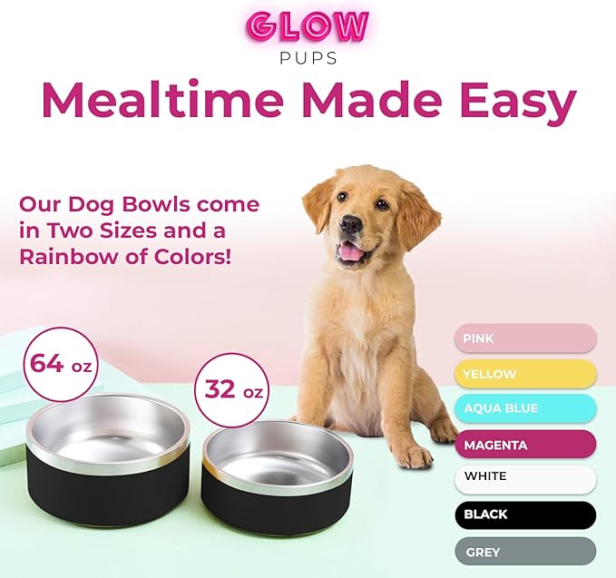 64 oz Black Anti-Skid Dog Bowl, Vacuum Insulated, Powder Coated, Stainless Steel, Non-Slip, Easy to Clean-PurrikoPets