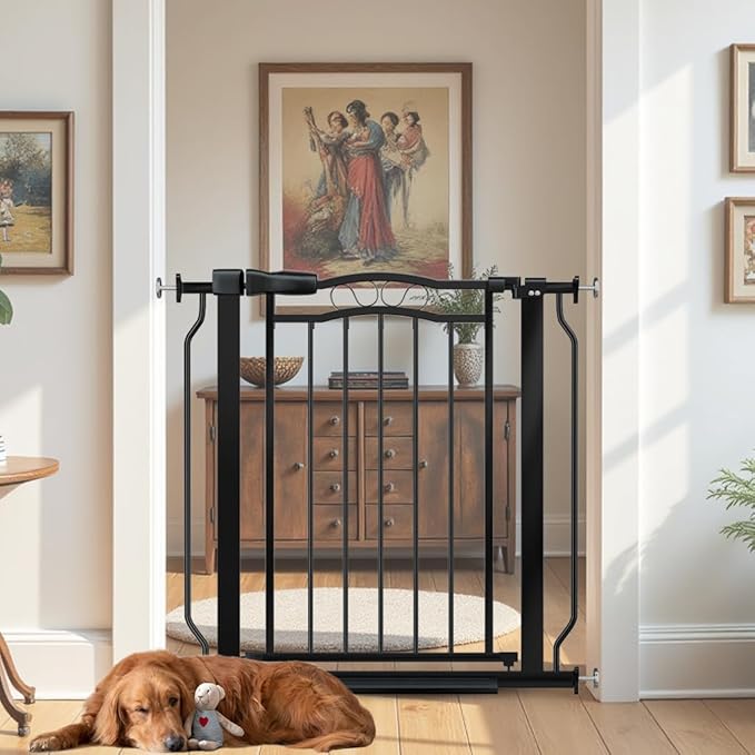 29.53"-33.85" Mornyray Auto-Close Baby Gate Extra Wide, Pressure Mounted Dog & Pet Gate for Stairs Doorways, No Drill Safety Barrier with Lace Design, Metal Child Proof Gate Indoor Outdoor, Black-PurrikoPets