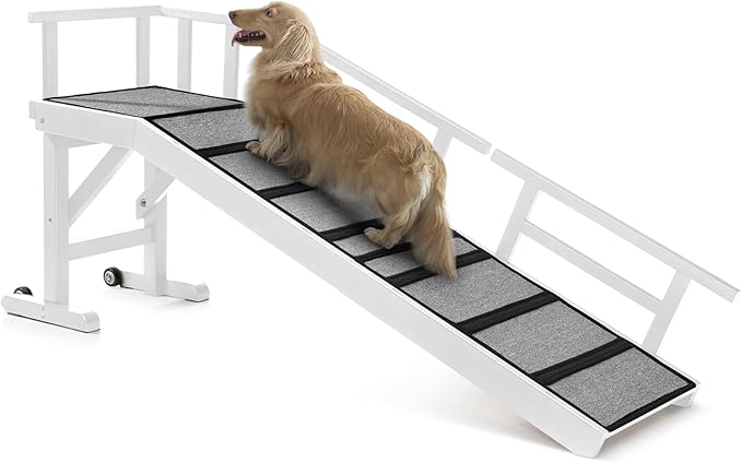 Dog Ramp for Bed or Couch, Wooden Pet Ramp with 20° Gentle Slope, Removable Side Rails, Non-Slip Surface, Top Platform & Wheels, Safe Bed Ramp for Small, Medium & Senior Dogs, 60" Long, White-PurrikoPets