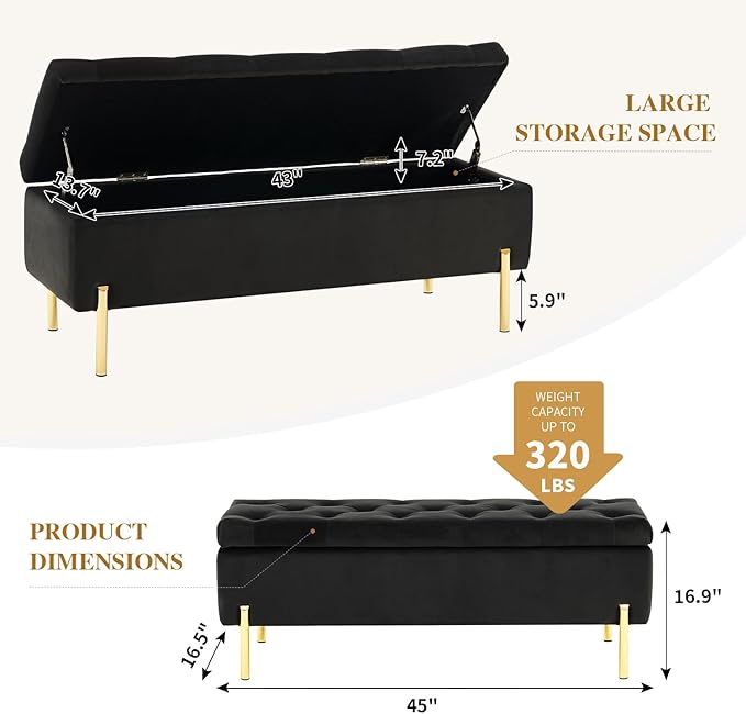 45.6 Inch Velvet Storage Ottoman, Rectangular Accent Bench for Bedroom & Living Room, Black-PurrikoPets