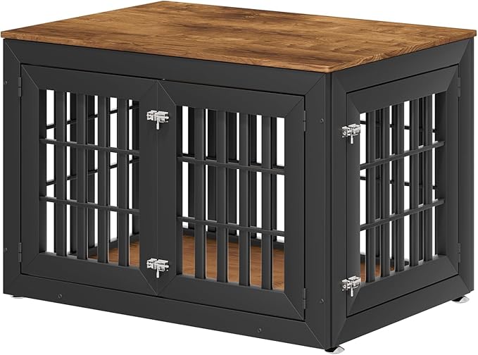 42" Heavy Duty Dog Crate Furniture for Small,Medium and Large Dogs,Rustic Wooden Dog Cage Kennel Indoor Furniture with Waterproof Top,Decorative Pet House Side End Table (Black & Wood)-PurrikoPets