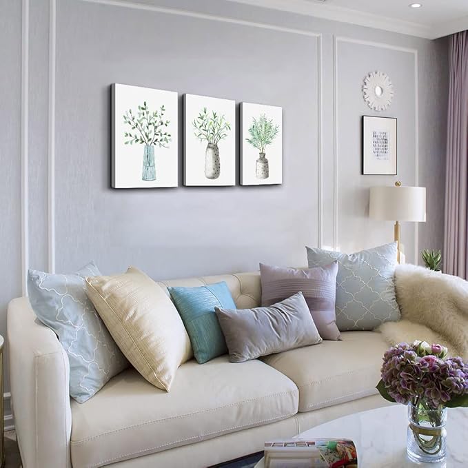 AHUASJART Canvas Wall Art Paintings For Kitchen Dining Room Large Size Wall Decor Living Room Wall Decoration For Bedroom Office Decor Green Leaf Vase Wall Pictures Artwork For Home Walls 3 Piece-PurrikoPets