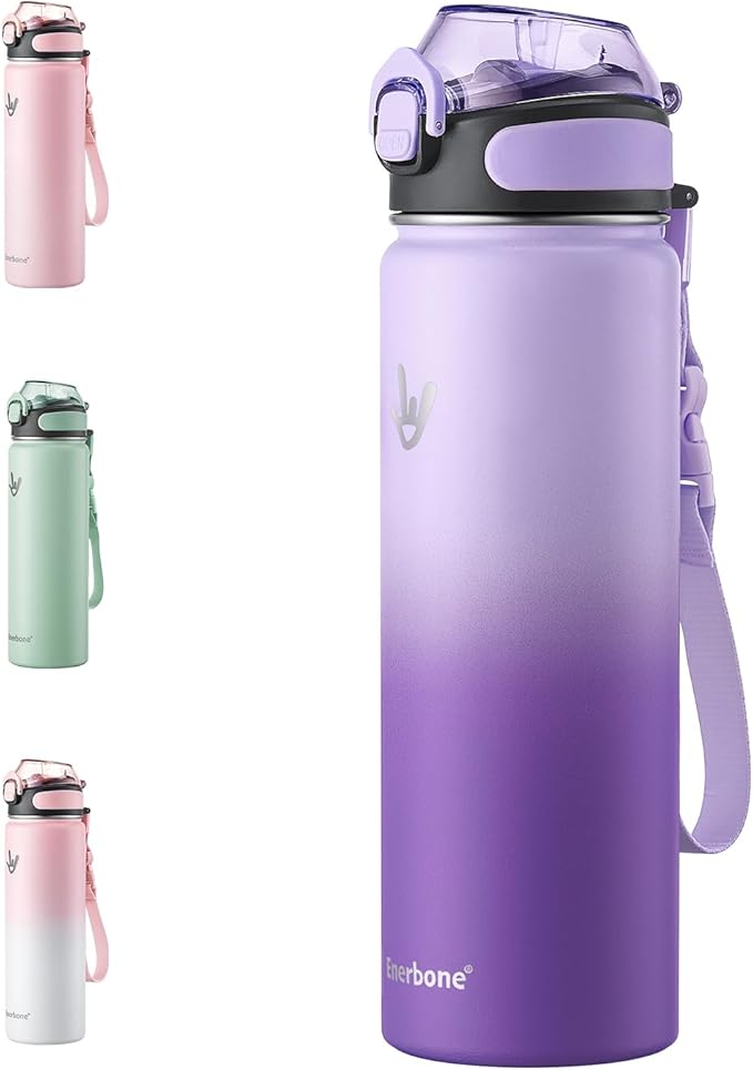 Enerbone 24 oz Insulated Water Bottle, Stainless Steel Bottle with Carrying Strap, Double-Wall Vacuum Insulation Design, Leakproof Sports Bottle with Straw, Keep Drinks Cold or Hot for Hours-PurrikoPets